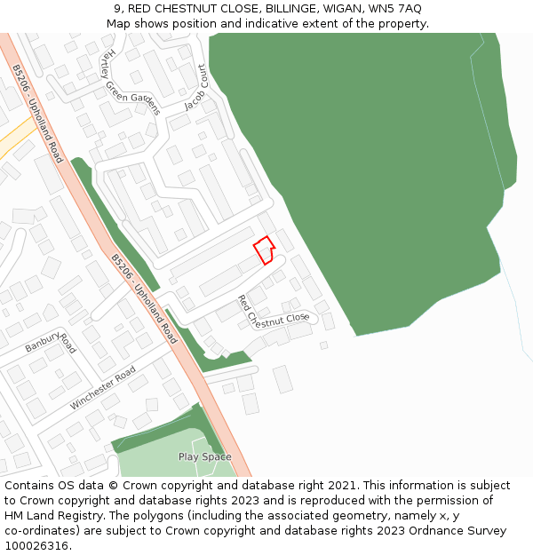 9, RED CHESTNUT CLOSE, BILLINGE, WIGAN, WN5 7AQ: Location map and indicative extent of plot