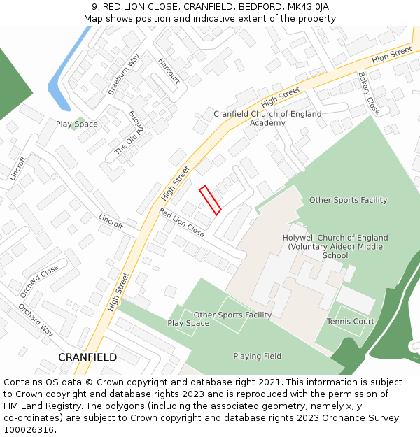 9, RED LION CLOSE, CRANFIELD, BEDFORD, MK43 0JA: Location map and indicative extent of plot