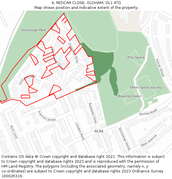 9, REDCAR CLOSE, OLDHAM, OL1 4TG: Location map and indicative extent of plot