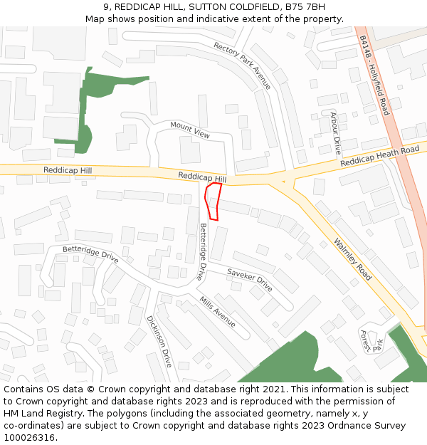 9, REDDICAP HILL, SUTTON COLDFIELD, B75 7BH: Location map and indicative extent of plot