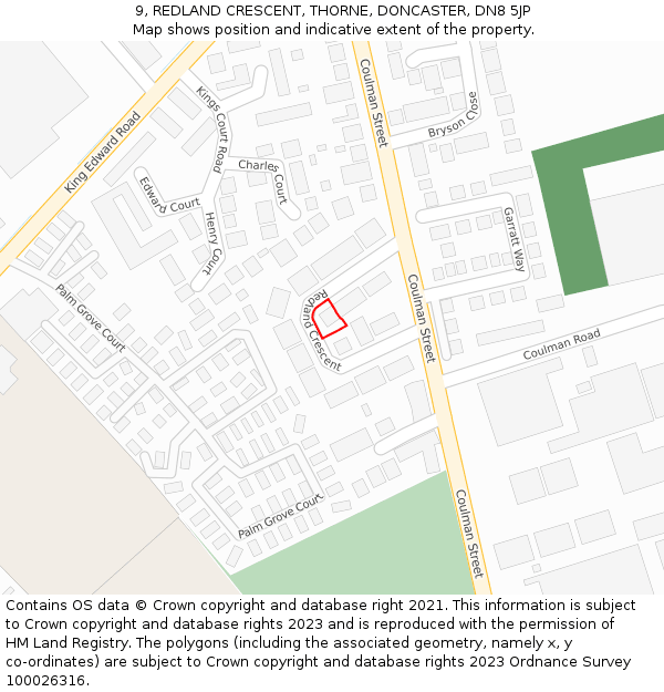 9, REDLAND CRESCENT, THORNE, DONCASTER, DN8 5JP: Location map and indicative extent of plot