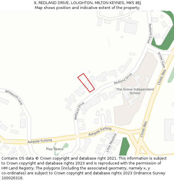 9, REDLAND DRIVE, LOUGHTON, MILTON KEYNES, MK5 8EJ: Location map and indicative extent of plot