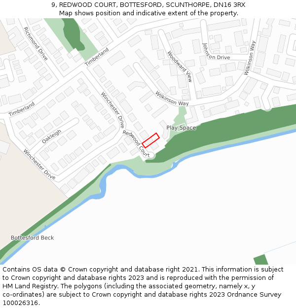 9, REDWOOD COURT, BOTTESFORD, SCUNTHORPE, DN16 3RX: Location map and indicative extent of plot