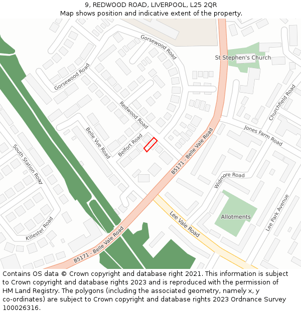 9, REDWOOD ROAD, LIVERPOOL, L25 2QR: Location map and indicative extent of plot