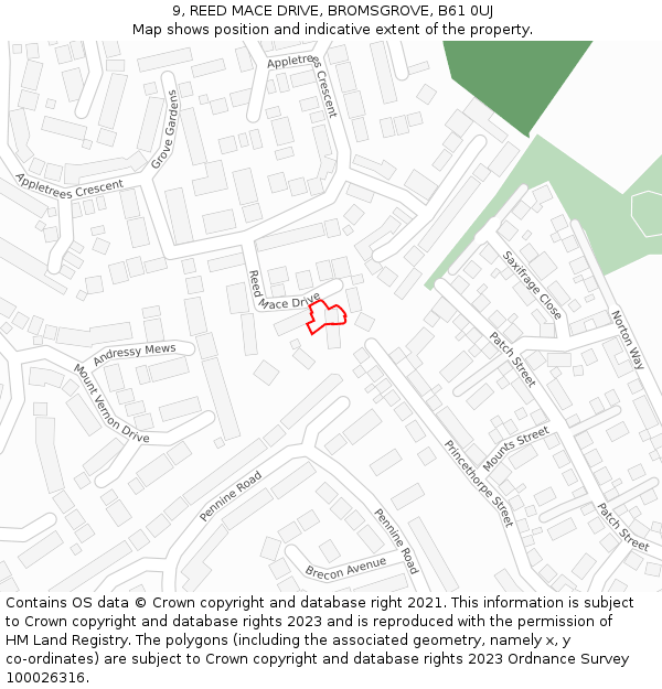 9, REED MACE DRIVE, BROMSGROVE, B61 0UJ: Location map and indicative extent of plot