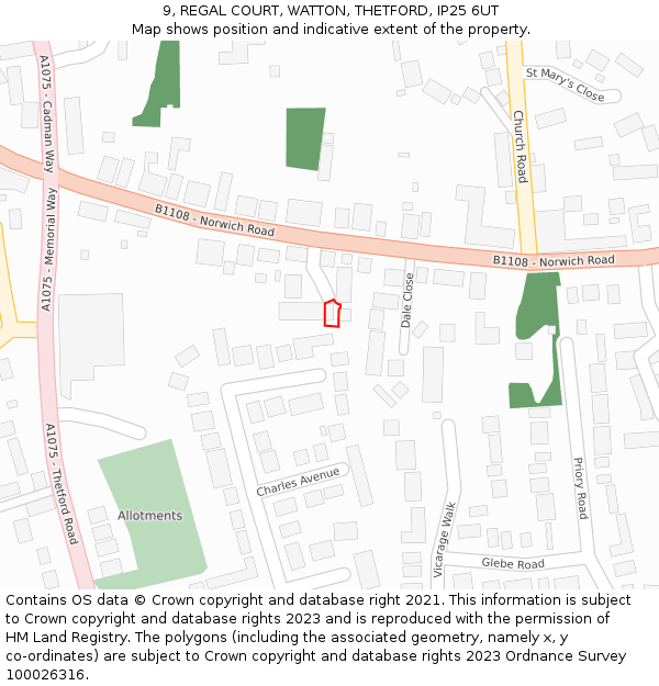 9, REGAL COURT, WATTON, THETFORD, IP25 6UT: Location map and indicative extent of plot