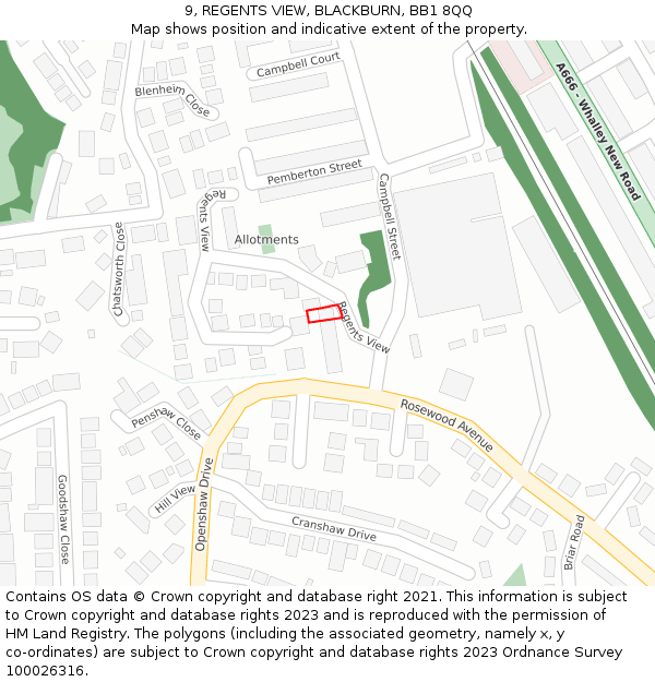 9, REGENTS VIEW, BLACKBURN, BB1 8QQ: Location map and indicative extent of plot