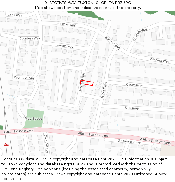 9, REGENTS WAY, EUXTON, CHORLEY, PR7 6PG: Location map and indicative extent of plot