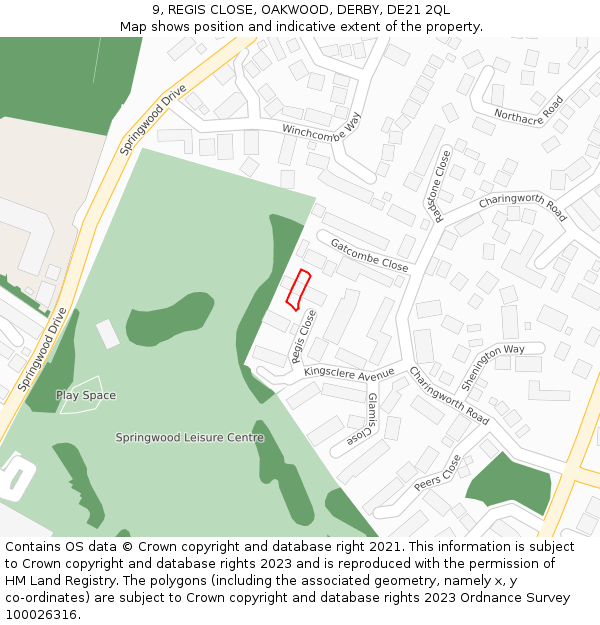 9, REGIS CLOSE, OAKWOOD, DERBY, DE21 2QL: Location map and indicative extent of plot