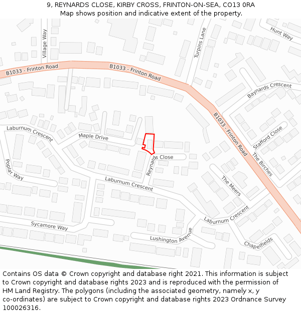 9, REYNARDS CLOSE, KIRBY CROSS, FRINTON-ON-SEA, CO13 0RA: Location map and indicative extent of plot
