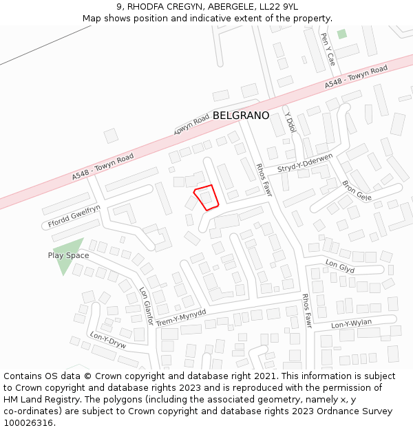 9, RHODFA CREGYN, ABERGELE, LL22 9YL: Location map and indicative extent of plot