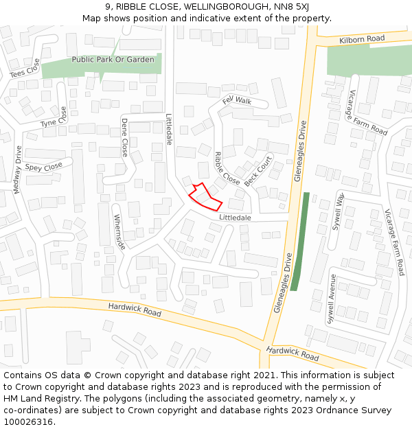 9, RIBBLE CLOSE, WELLINGBOROUGH, NN8 5XJ: Location map and indicative extent of plot