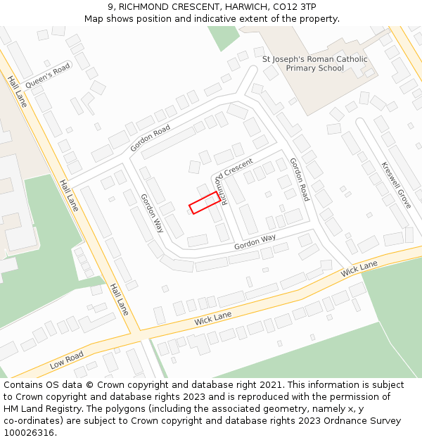 9, RICHMOND CRESCENT, HARWICH, CO12 3TP: Location map and indicative extent of plot