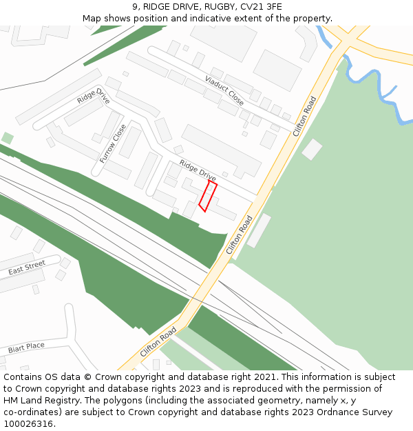 9, RIDGE DRIVE, RUGBY, CV21 3FE: Location map and indicative extent of plot