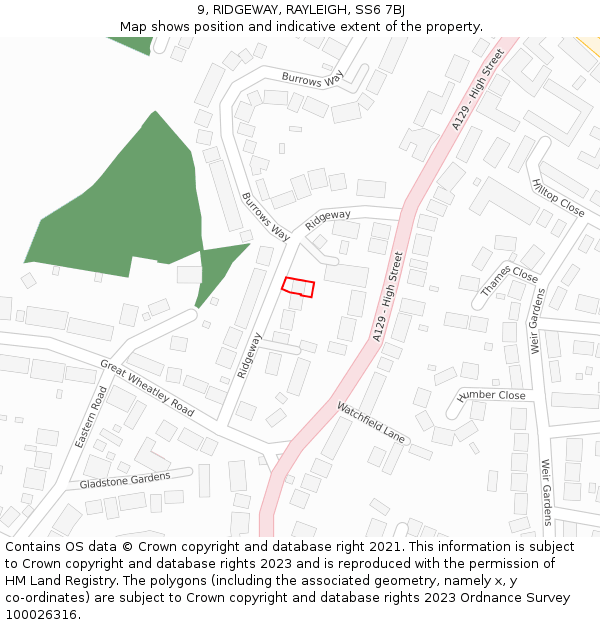 9, RIDGEWAY, RAYLEIGH, SS6 7BJ: Location map and indicative extent of plot