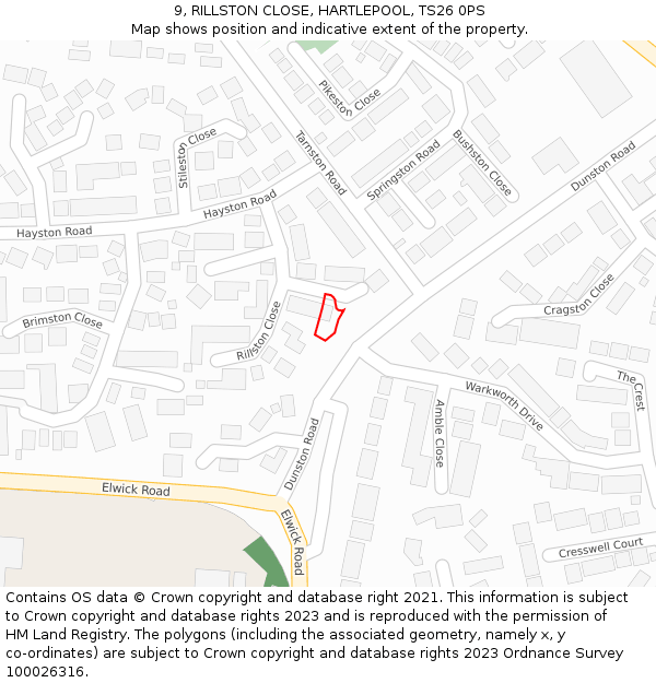 9, RILLSTON CLOSE, HARTLEPOOL, TS26 0PS: Location map and indicative extent of plot