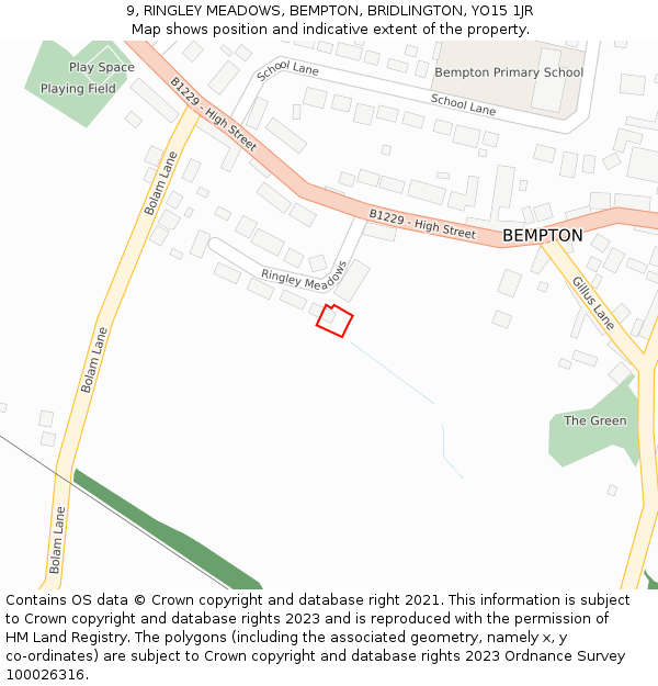 9, RINGLEY MEADOWS, BEMPTON, BRIDLINGTON, YO15 1JR: Location map and indicative extent of plot