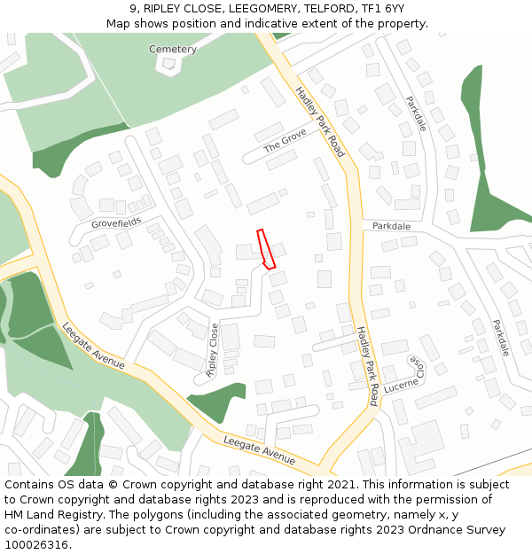 9, RIPLEY CLOSE, LEEGOMERY, TELFORD, TF1 6YY: Location map and indicative extent of plot