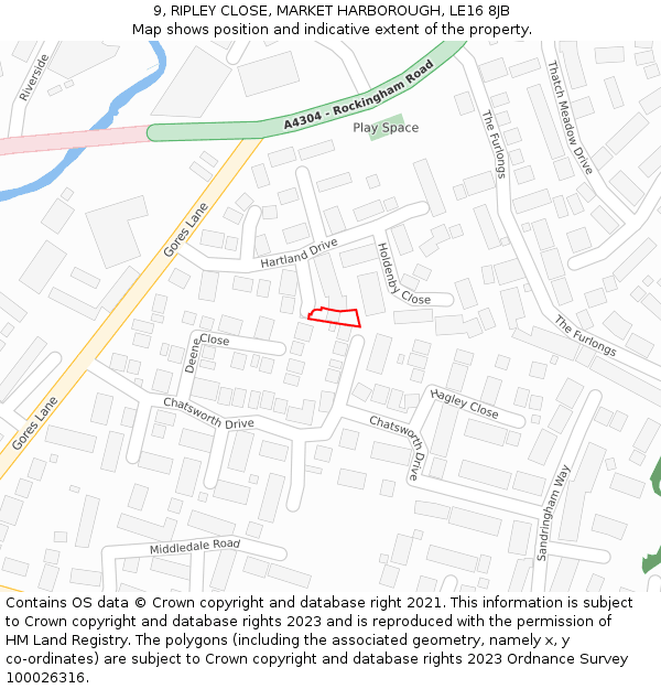 9, RIPLEY CLOSE, MARKET HARBOROUGH, LE16 8JB: Location map and indicative extent of plot