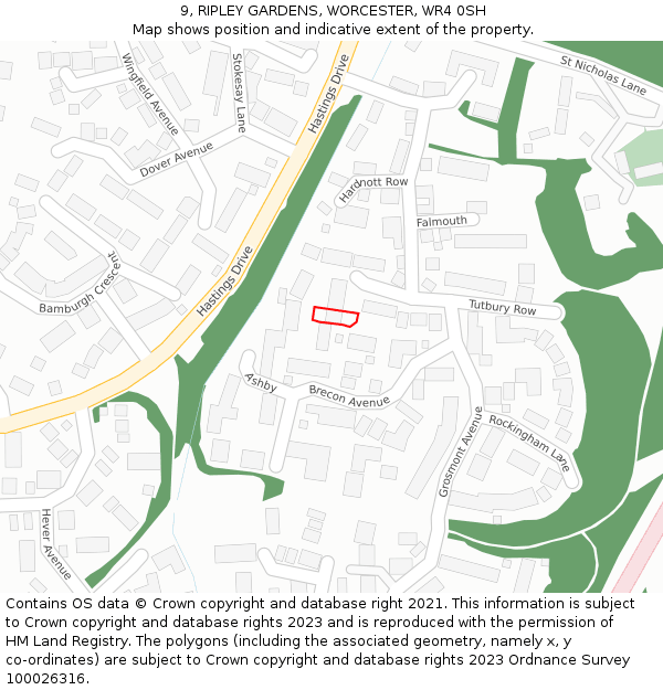 9, RIPLEY GARDENS, WORCESTER, WR4 0SH: Location map and indicative extent of plot