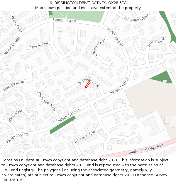 9, RISSINGTON DRIVE, WITNEY, OX28 5FG: Location map and indicative extent of plot