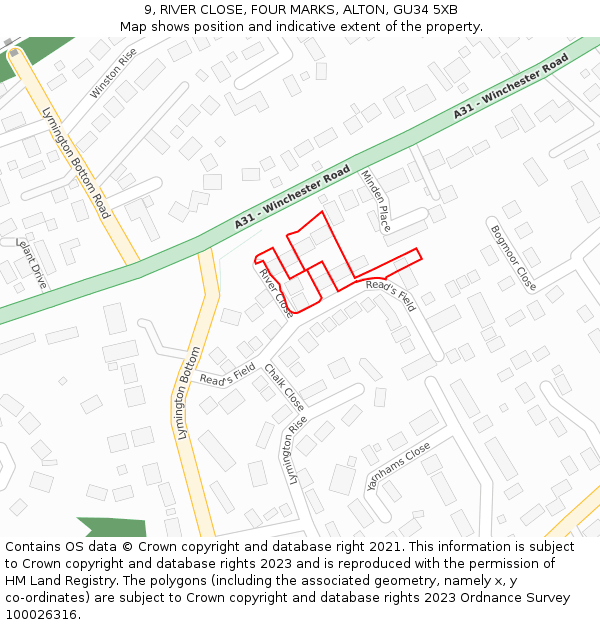 9, RIVER CLOSE, FOUR MARKS, ALTON, GU34 5XB: Location map and indicative extent of plot
