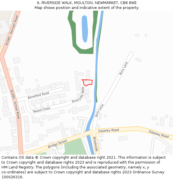 9, RIVERSIDE WALK, MOULTON, NEWMARKET, CB8 8WE: Location map and indicative extent of plot