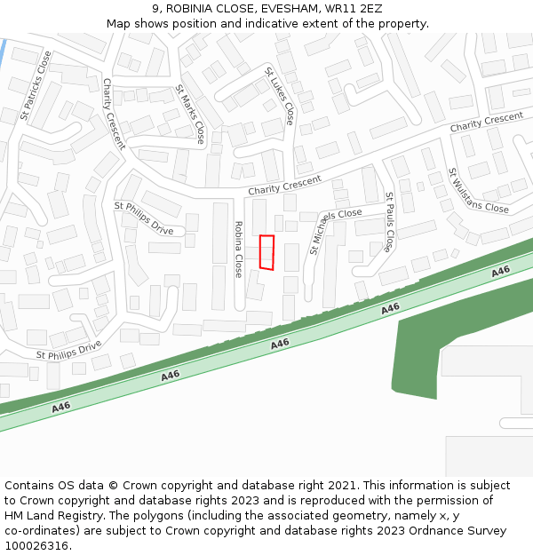 9, ROBINIA CLOSE, EVESHAM, WR11 2EZ: Location map and indicative extent of plot
