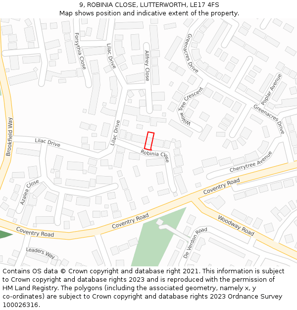 9, ROBINIA CLOSE, LUTTERWORTH, LE17 4FS: Location map and indicative extent of plot