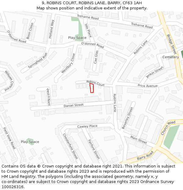 9, ROBINS COURT, ROBINS LANE, BARRY, CF63 1AH: Location map and indicative extent of plot