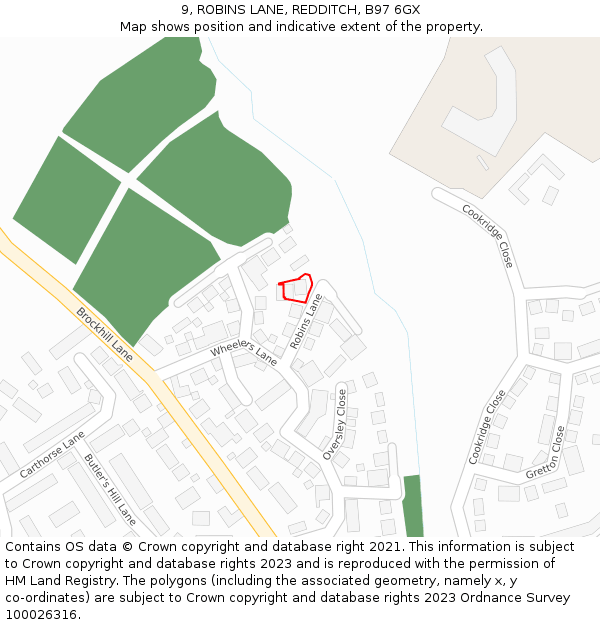 9, ROBINS LANE, REDDITCH, B97 6GX: Location map and indicative extent of plot