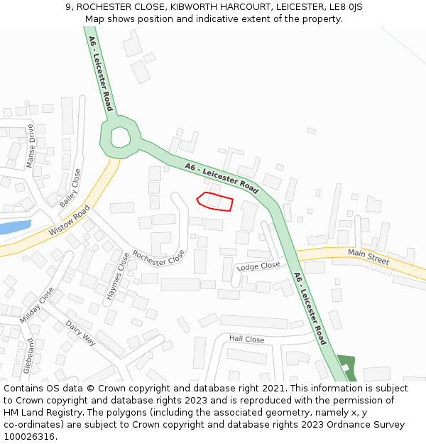 9, ROCHESTER CLOSE, KIBWORTH HARCOURT, LEICESTER, LE8 0JS: Location map and indicative extent of plot