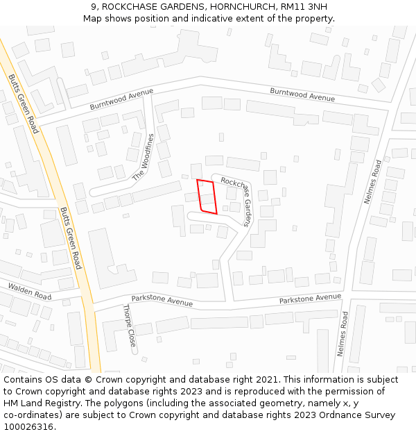 9, ROCKCHASE GARDENS, HORNCHURCH, RM11 3NH: Location map and indicative extent of plot