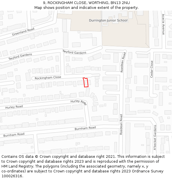 9, ROCKINGHAM CLOSE, WORTHING, BN13 2NU: Location map and indicative extent of plot