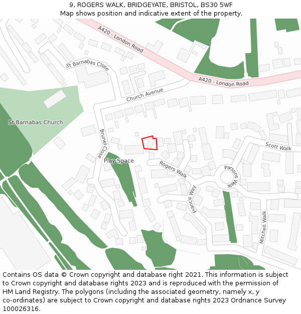 9, ROGERS WALK, BRIDGEYATE, BRISTOL, BS30 5WF: Location map and indicative extent of plot