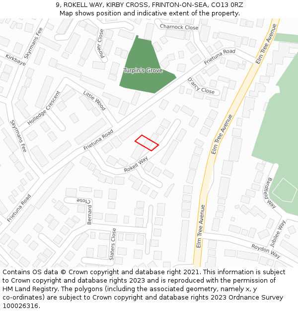 9, ROKELL WAY, KIRBY CROSS, FRINTON-ON-SEA, CO13 0RZ: Location map and indicative extent of plot