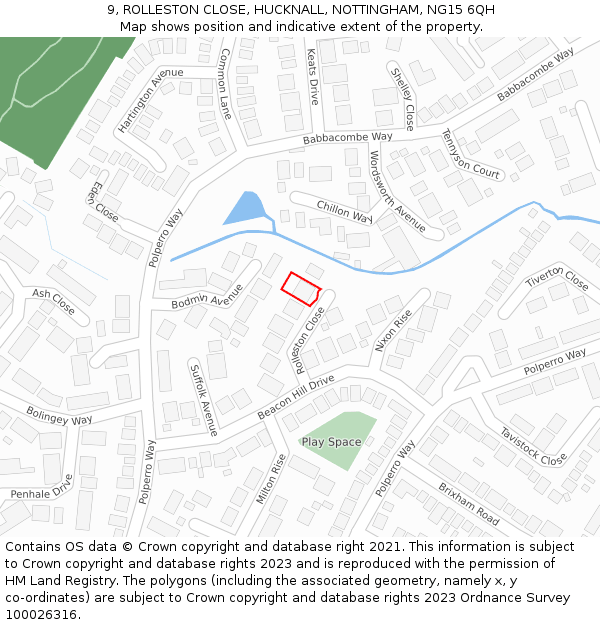 9, ROLLESTON CLOSE, HUCKNALL, NOTTINGHAM, NG15 6QH: Location map and indicative extent of plot