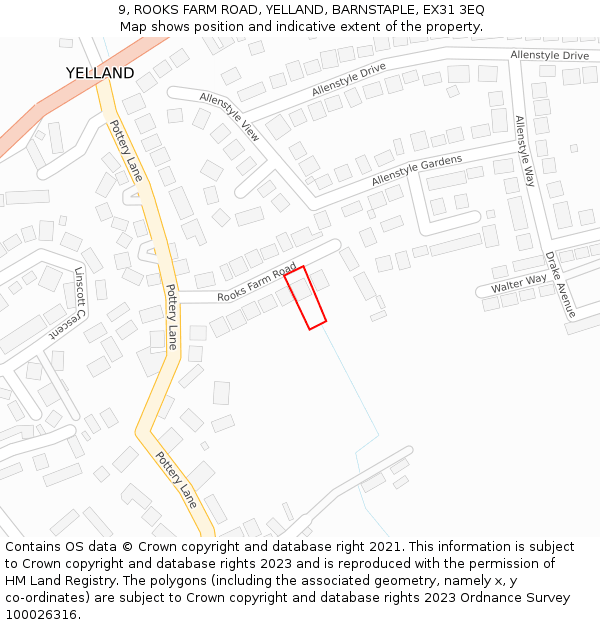 9, ROOKS FARM ROAD, YELLAND, BARNSTAPLE, EX31 3EQ: Location map and indicative extent of plot