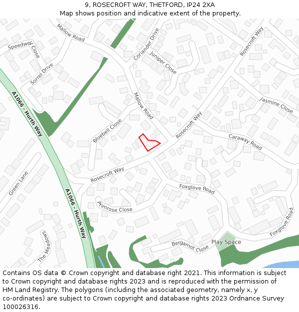 9, ROSECROFT WAY, THETFORD, IP24 2XA: Location map and indicative extent of plot