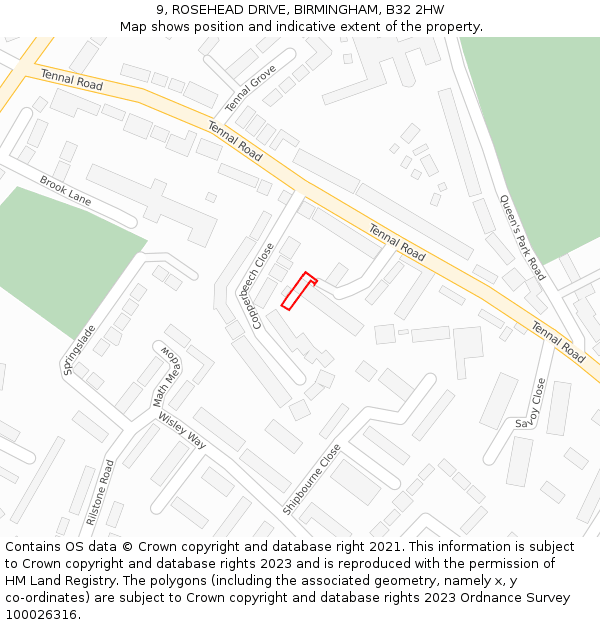 9, ROSEHEAD DRIVE, BIRMINGHAM, B32 2HW: Location map and indicative extent of plot