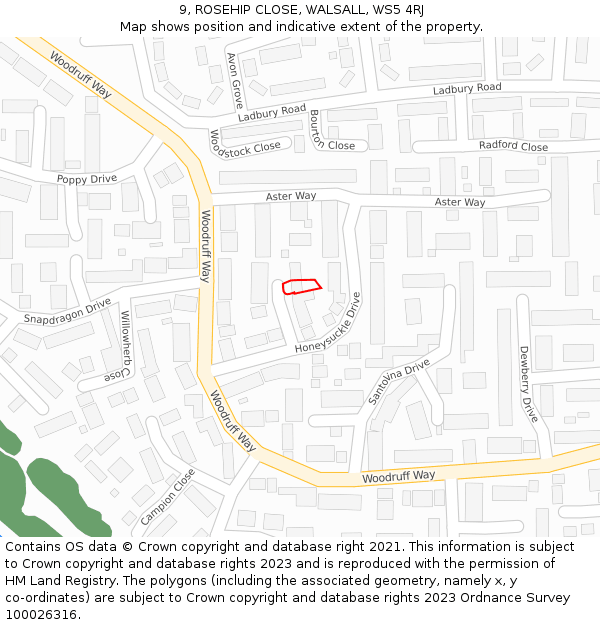 9, ROSEHIP CLOSE, WALSALL, WS5 4RJ: Location map and indicative extent of plot