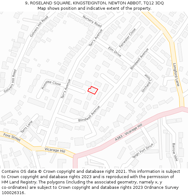 9, ROSELAND SQUARE, KINGSTEIGNTON, NEWTON ABBOT, TQ12 3DQ: Location map and indicative extent of plot