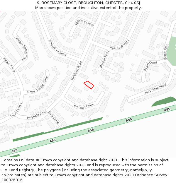 9, ROSEMARY CLOSE, BROUGHTON, CHESTER, CH4 0SJ: Location map and indicative extent of plot