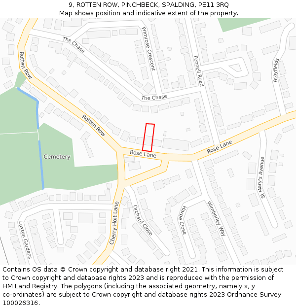 9, ROTTEN ROW, PINCHBECK, SPALDING, PE11 3RQ: Location map and indicative extent of plot