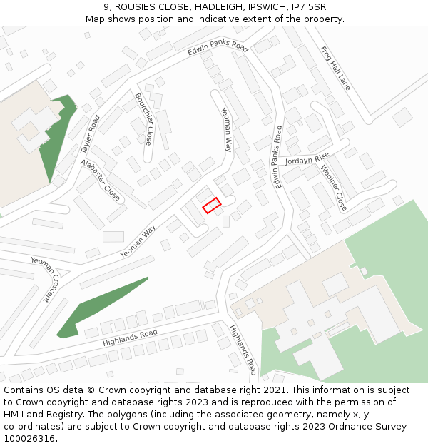 9, ROUSIES CLOSE, HADLEIGH, IPSWICH, IP7 5SR: Location map and indicative extent of plot
