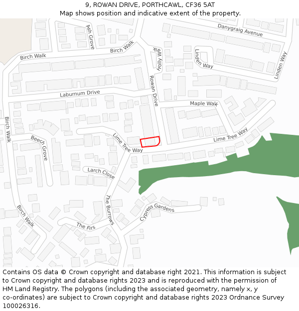 9, ROWAN DRIVE, PORTHCAWL, CF36 5AT: Location map and indicative extent of plot