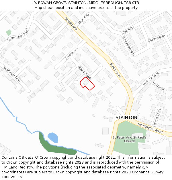 9, ROWAN GROVE, STAINTON, MIDDLESBROUGH, TS8 9TB: Location map and indicative extent of plot