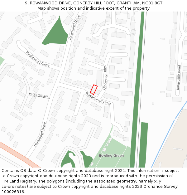 9, ROWANWOOD DRIVE, GONERBY HILL FOOT, GRANTHAM, NG31 8GT: Location map and indicative extent of plot