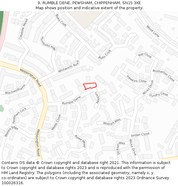 9, RUMBLE DENE, PEWSHAM, CHIPPENHAM, SN15 3XE: Location map and indicative extent of plot