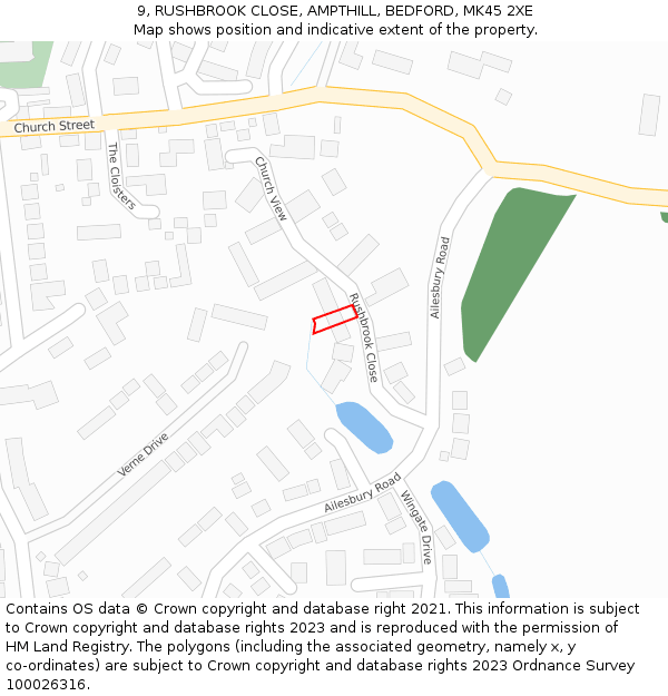 9, RUSHBROOK CLOSE, AMPTHILL, BEDFORD, MK45 2XE: Location map and indicative extent of plot